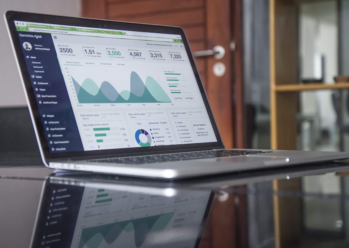 Business team reviewing interactive analytics dashboards and data visualisations on a large display